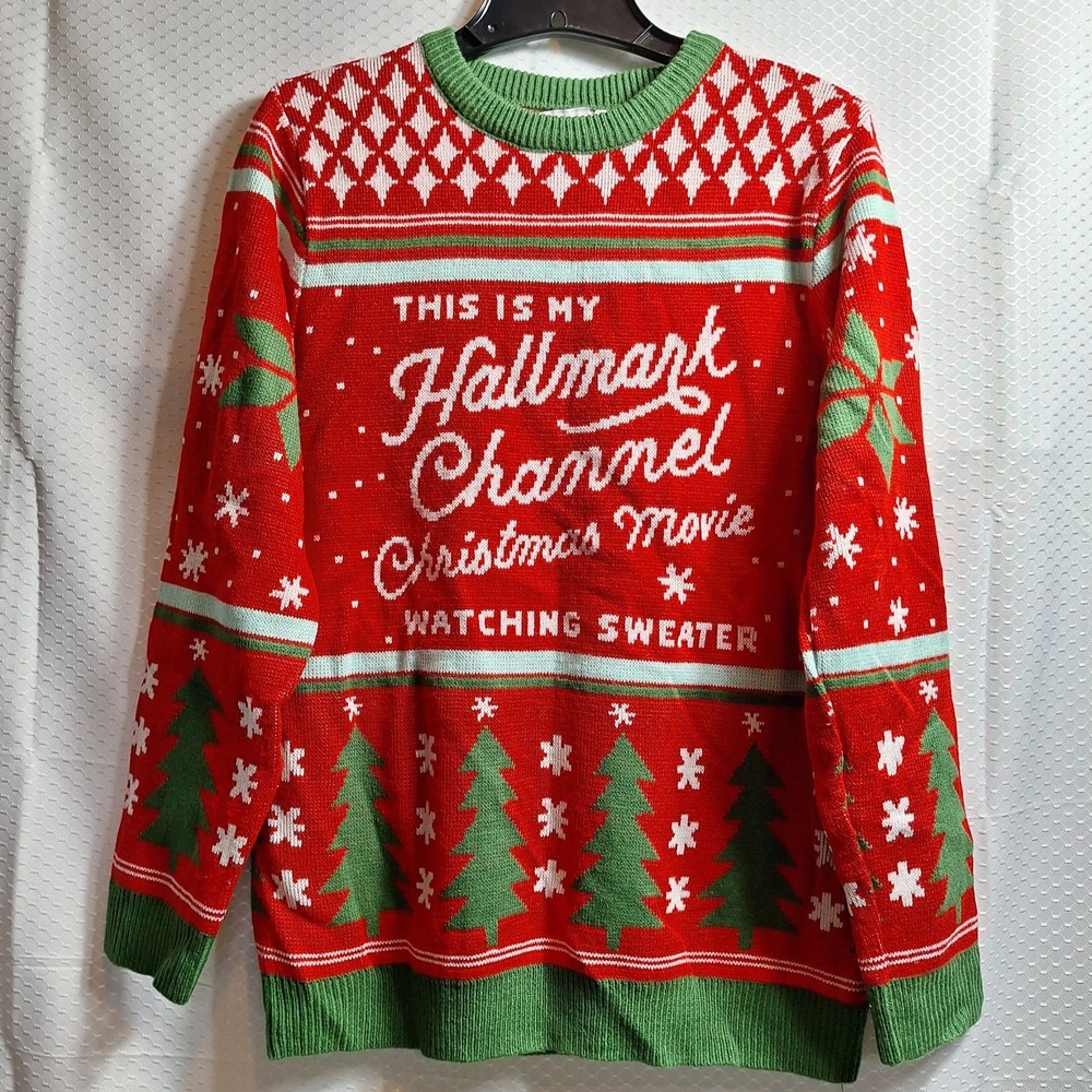 HALLMARK CHANNEL Christmas Movie Watching Sweater Sz L Red Green Snowflakes EUC